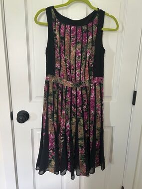 Adrianna Papell Black and Fuchsia Floral Panel Midi Dress